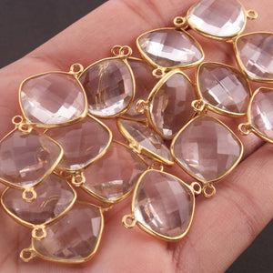 9 Pcs Beautiful Crystal Quartz 925 Sterling Vermeil Gemstone Faceted Cushion Shape Double Bail Connector -23mmx16mm SS049 - Tucson Beads