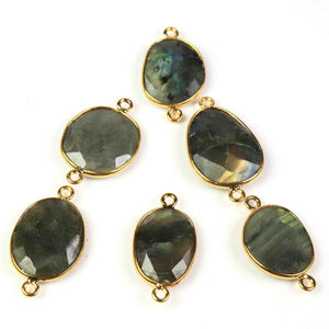24 Pcs Labradorite 24k Gold Plated Faceted Assorted Shape Gemstone Bezel Double Bail Connector - 20mmx12mm-25mmx15mm PC495 - Tucson Beads