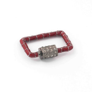 1 Pc Pave Diamond  Rectangle Red Enemel Carabiner- 925 Sterling Silver- Diamond Lock with Screw On Mechanism 21mmx14mm CB028 - Tucson Beads