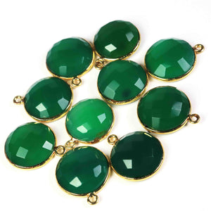 11 Pcs Green Onyx  24k Gold Plated Faceted Round Shape Gemstone Bezel Single Bail Pendant- 19mmx16mm PC526 - Tucson Beads