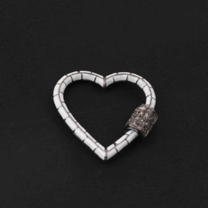 1 Pc Pave Diamond Heart White Enemel Carabiner- 925 Sterling Silver- Diamond Lock with Screw On Mechanism 23mm CB046 - Tucson Beads