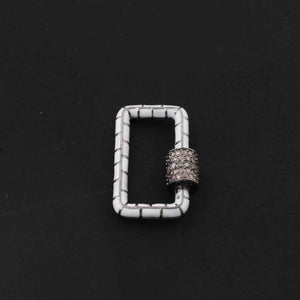 1 Pc Pave Diamond  Rectangle White Enemel Carabiner- 925 Sterling Silver- Diamond Lock with Screw On Mechanism 21mmx14mm CB058 - Tucson Beads