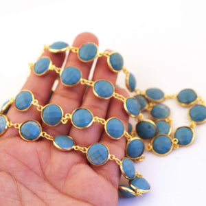 1 Feet Turquoise Round  Shape 24k Gold Plated Bezel Continuous Connector Beaded Chain 19mmx13mm SC201 - Tucson Beads