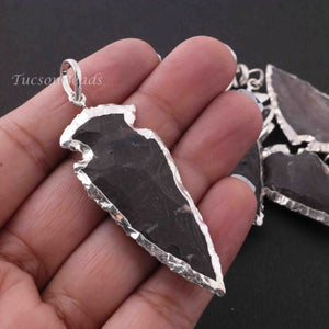 15 Pcs Black Jasper Arrowhead  925 Silver Plated Charm Pendant -  Electroplated With Silver Edge  41mmx26mm-11mmx7mm  AR277 - Tucson Beads