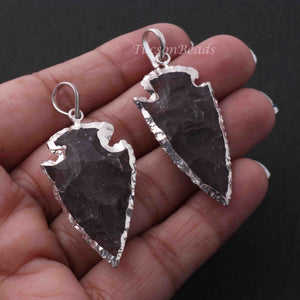 5 Pcs Black Jasper Arrowhead  925 Silver Plated Charm Pendant -  Electroplated With Silver Edge  47mmx24mm-39mmx19mm-10mmx7mm  AR275 - Tucson Beads