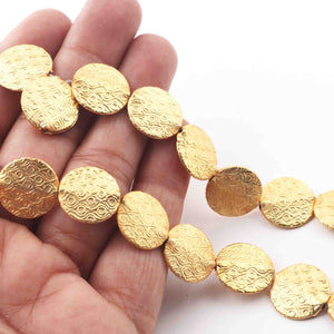 1 Strand Gold Plated Designer Copper Coin Shape Beads, Scratch Mat Finish Beads, Jewelry Supplies 15mm 8 inches Bulk Lot GPC227 - Tucson Beads