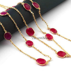 5  FEET Hot Pink Chalcedony 18mm-20mm 24k Gold Plated Rosary Style Beaded Chain -Bezel Continuous Beaded Chain BD141 - Tucson Beads