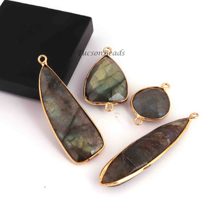 12 Pcs Labradorite Faceted Assorted Shape 24k Gold Plated Connector - Labradorite Assorted 52mmx27mm-22mmx15mm PC772 - Tucson Beads