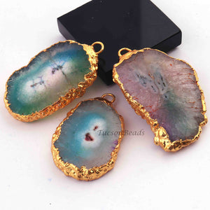 4  Pcs Multi Druzzy   Drusy Agate Slice Pendant - Electroplated Gold Druzy Pendant 53mmx33mm-42mmx27mm  DRZ252 - Tucson Beads