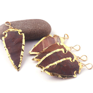 5  Pcs  Brown Jasper Arrowhead  24k Gold  Plated Charm Pendant -  Electroplated With Gold Edge 60mmX28mm - AR043 - Tucson Beads