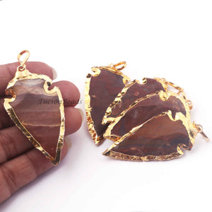 5  Pcs  Brown Jasper Arrowhead  24k Gold  Plated Charm Pendant -  Electroplated With Gold Edge 60mmX28mm - AR043 - Tucson Beads