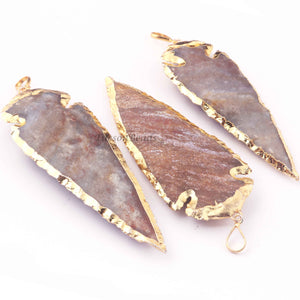 3 Pcs Brown  Jasper Arrowhead  24k Gold  Plated Charm Pendant -  Electroplated With Gold Edge 89mmX35mm - AR132 - Tucson Beads