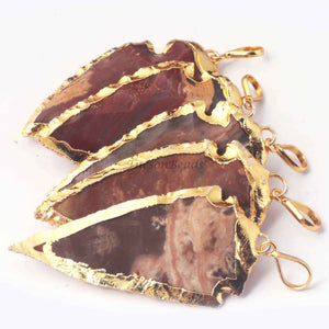 5  Pcs Brown  Jasper Arrowhead  24k Gold  Plated Charm Pendant -  Electroplated With Gold Edge 55mmX23mm - AR131 - Tucson Beads