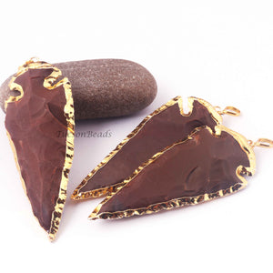 3  Pcs Brown  Jasper Arrowhead  24k Gold  Plated Charm Pendant -  Electroplated With Gold Edge 83mmX32mm - AR134 - Tucson Beads