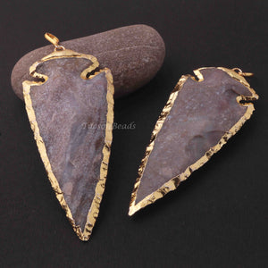 2 Pcs Shaded Gray Jasper Arrowhead  24k Gold  Plated Charm Pendant -  Electroplated With Gold Edge 94mmX27mm - AR061 - Tucson Beads