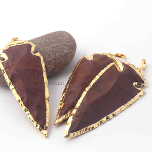 3  Pcs Brown Jasper Arrowhead  24k Gold  Plated Charm Pendant -  Electroplated With Gold Edge 86mmX33mm - AR073 - Tucson Beads