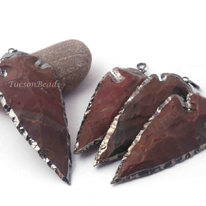 4 Pcs Brown Jasper Arrowhead Oxidized Silver Plated Single Bail Pendant - Electroplated With Silver Edge - 93mmx38mm AR115 - Tucson Beads