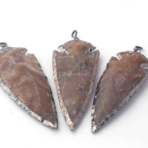 3 Pcs Jasper Arrowhead Oxidized Silver Plated Single Bail Pendant - Electroplated With Silver Edge - 92mmx37mm AR116 - Tucson Beads