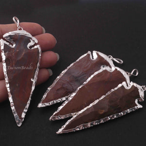 4 Pcs Brown Jasper Arrowhead 925 Silver Plated Single Bail Pendant -  Electroplated With Silver Edge - 90mmx37mm AR106 - Tucson Beads