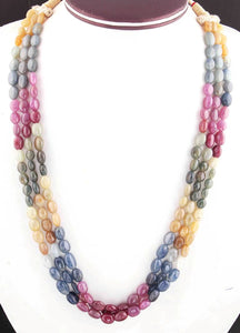 615 ct. 3 Strands Of Genuine Multi Sapphire Necklace - Smooth Oval Beads - Rare & Natural Necklace - Stunning Elegant Necklace SPB0186 - Tucson Beads
