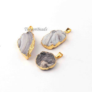3 Pcs Shaded Gray Druzzy 24k Gold Plated Pendant  - Electroplated Gold Druzy -41mmx20mm-23mmx21mm  DRZ283 - Tucson Beads