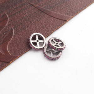 2 Pcs Ruby Spacer Rondelle Beads - Designer Pave Jewelry 925 Sterling Silver Wheel Bead 10mm PDC046 - Tucson Beads