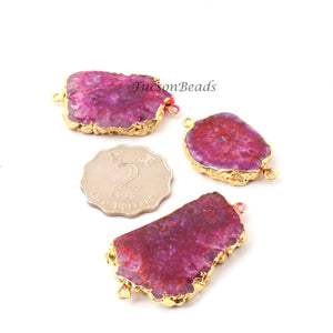 3  Pcs Pink Druzzy 24k Gold Plated  Agate Slice Connector - Electroplated Gold Druzy -48mmx27mm-36mmx23mm DRZ017 - Tucson Beads