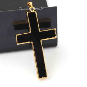 1 Pc Black Jasper Cross 24k Gold  Plated Single Bail Pendant - Electroplated With Gold Edge 40mmx4mm-AR012 - Tucson Beads
