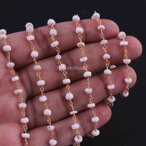 5 FEETS Pink Opal Rosary Style Beaded Chain - Pink Opal Beads wire wrapped 24k Gold Plated chain per foot BDG024 - Tucson Beads