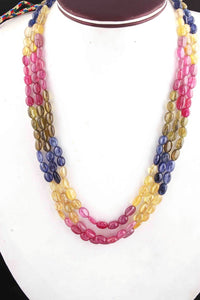 480 Ct. 3 Strands Of Genuine Multi Sapphire Necklace - Smooth Oval Beads - Rare & Natural Necklace - Stunning Elegant Necklace SPB0196 - Tucson Beads
