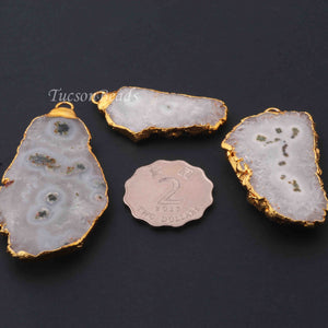 3  Pcs White Druzzy Geode Raw Drusy 24k Gold Plated Pendant - Electroplated Gold Druzy Pendant -66mmx34mm-46mmx18mm  DRZ106 - Tucson Beads