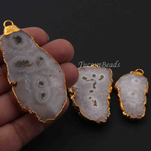 3  Pcs White Druzzy Geode Raw Drusy 24k Gold Plated Pendant - Electroplated Gold Druzy Pendant -66mmx34mm-46mmx18mm  DRZ106 - Tucson Beads