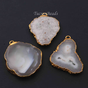 3  Pcs White Druzzy Geode Raw Drusy 24k Gold Plated Pendant - Electroplated Gold Druzy Pendant -49mmx41mm   DRZ128 - Tucson Beads