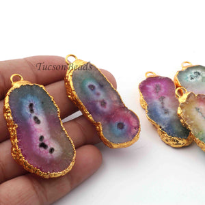5  Pcs Multi Druzzy Geode Raw Drusy 24k Gold Plated Pendant - Electroplated Gold Druzy Pendant -50mmx18mm-52mmx18mm   DRZ298 - Tucson Beads