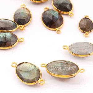 15  Pcs Labradorite 24k Gold Plated Faceted Oval  Shape Connector Double Bail  - 25mmx14mm-18mmx10mm   PC011 - Tucson Beads