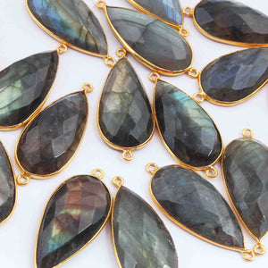 18 Pcs Labradorite Pear Shape 24k  Gold Plated Double Bail Connector - Labradorite Faceted Pear Shape Connector 37mmx16mm PC607 - Tucson Beads