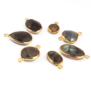 11 Pcs Labradorite Faceted Assorted Shape 24k Gold Plated Single Bail Pendant & Connector - Labradorite Assorted Pendant 31mmx9mm16mmx11mm PC959 - Tucson Beads