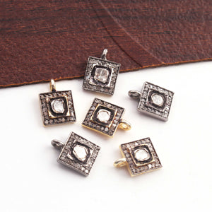 1 Pc Pave Diamond with Rose Cut Diamond 925 Sterling Silver/ Vermeil Square Shape Pendant 12mmx8mm PDC1298 - Tucson Beads