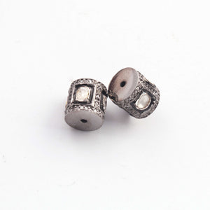 1 PC Pave Diamond with Rose Cut Diamond 925 Sterling Silver Polki Drum Beads - Antique Finish Bead With Hole - Polki Tube Beads 9mmx10mm PDC1358 - Tucson Beads