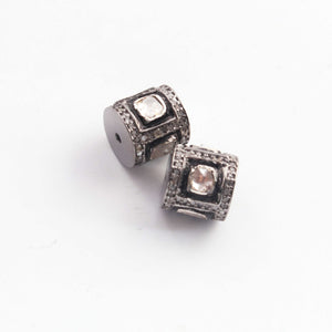 1 PC Pave Diamond with Rose Cut Diamond 925 Sterling Silver Polki Drum Beads - Antique Finish Bead With Hole - Polki Tube Beads 9mmx10mm PDC1358 - Tucson Beads