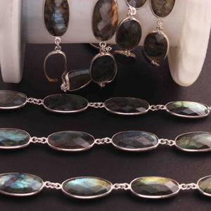 1 Feet Labradorite Oval Connector Chain,925 Sterling Silver Bezel Continuous Connector Chain 26mmx11mm SSC009 - Tucson Beads