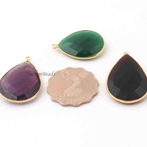 3 Pcs Mix Stone  24k Gold Plated  Faceted Pear Drop Gemstone Bezel Single Bail Pendant - 38mmx21mm-30mmx20mm PC418 - Tucson Beads