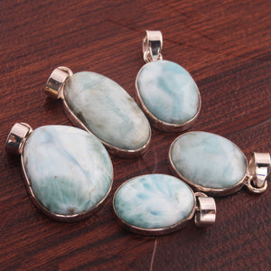 1 Pc Large Genuine and Rare Larimar Oval Pendant - 925 Sterling Silver Pendant- Gemstone Pendant SJ249 - Tucson Beads