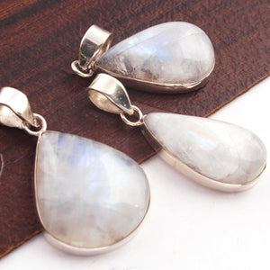 1 Pc Genuine and white Rainbow Moonstone Pear Shape Pendant - 925 Sterling Silver Pendant- Gemstone Pendant  SJ26 - Tucson Beads