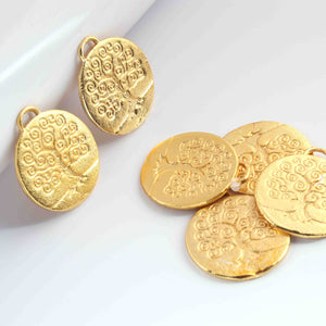 5 Pc Gold Tree Charm - 24k  Gold Plated Tree - Brass Gold Round Tree Of Life  Pendant 26mmx23mm GPC359 - Tucson Beads