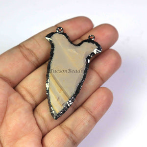 2 Pcs Light Brown Jasper Oxidized Silver Plated Charm Double Bail Pendant - Electroplated - 58mm-64mm AR082 - Tucson Beads