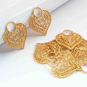 5 Pcs Gold Heart Charm - 24k Matte Gold Plated Heart  - Brass Gold Heart With Filigree Design Pendant  33mmx30mm GPC394 - Tucson Beads