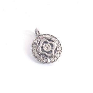 1 Pc Pave Diamond Designer Round With Flower Charm 925 sterling Silver / Sterling Vermeil  Pendant- 14mmx11mm PDC1349 - Tucson Beads
