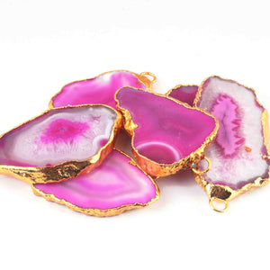 6 Pcs Pink Druzzy Geode Raw Drusy Agate Slice Pendant - Electroplated Gold Druzy Pendant 49mmx24mm-42mmx24mm DRZ357 - Tucson Beads