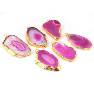 6 Pcs Pink Druzzy Geode Raw Drusy Agate Slice Pendant - Electroplated Gold Druzy Pendant 49mmx24mm-42mmx24mm DRZ357 - Tucson Beads